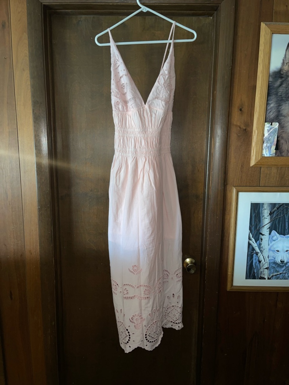Future Collective Light Pink Eyelet Maxi Dress with Smocked Waist